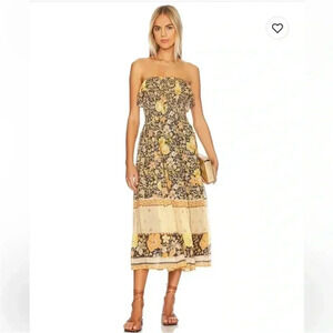 NWT Spell Hibiscus Lane Strapless Midi Dress Licorice Black Yellow XS